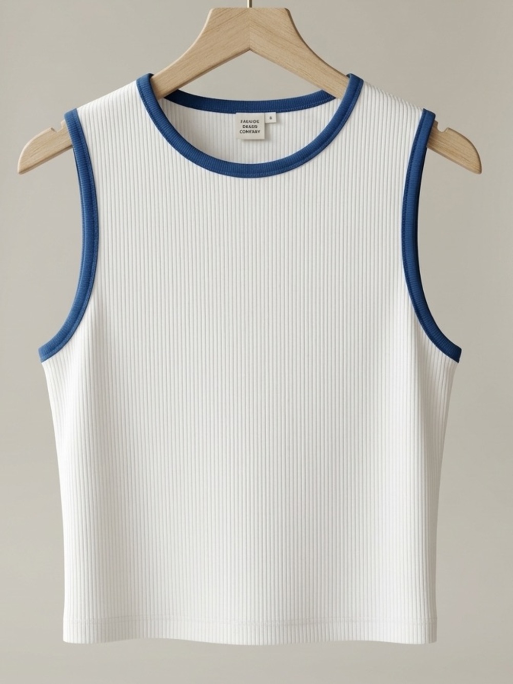 Fashion Brand Company White Ribbed Tank with Blue Contrast Trim